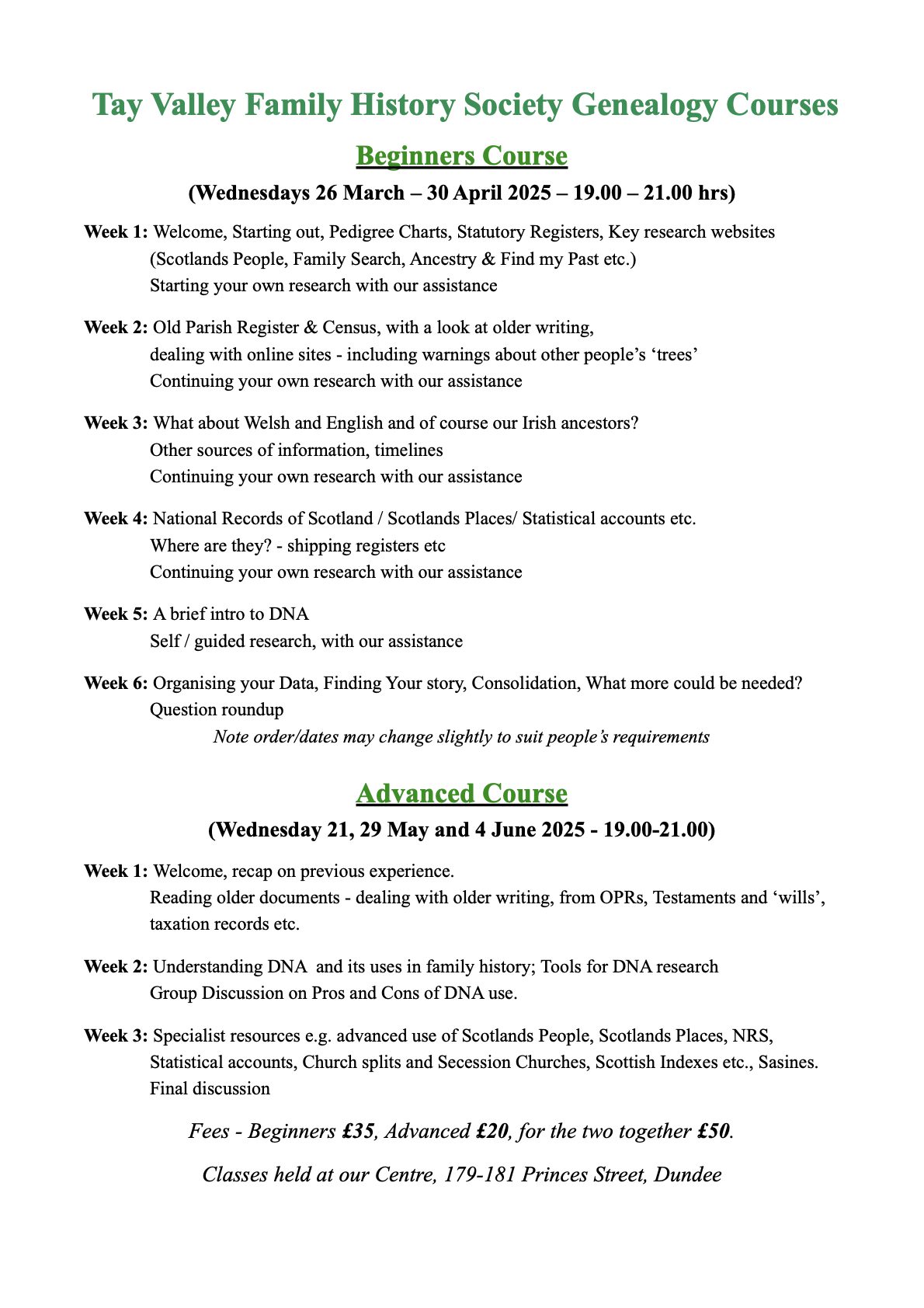 Outline of genealogy classes content